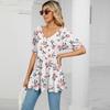 Summer Women's T-shirt V-neck Printed T-shirt Bubble Short Sleeve Drawstring Tops