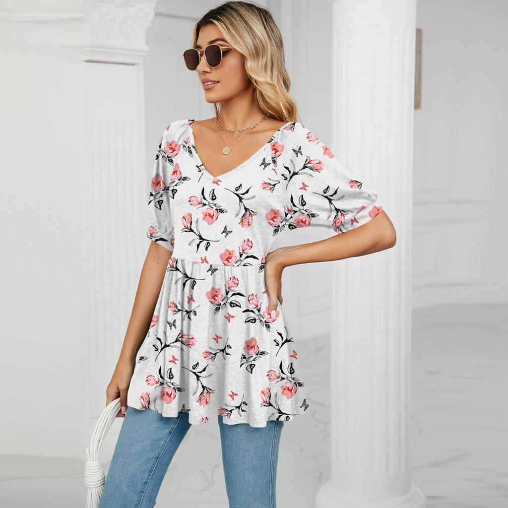 Summer Women's T-shirt V-neck Printed T-shirt Bubble Short Sleeve Drawstring Tops