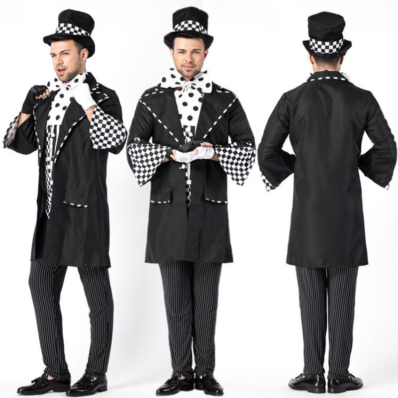 Mens Alice In Wonderland Cosplay Costume Mad Hatter Black White Checkered Fancy Dress Outfit Halloween Party Stage Performance