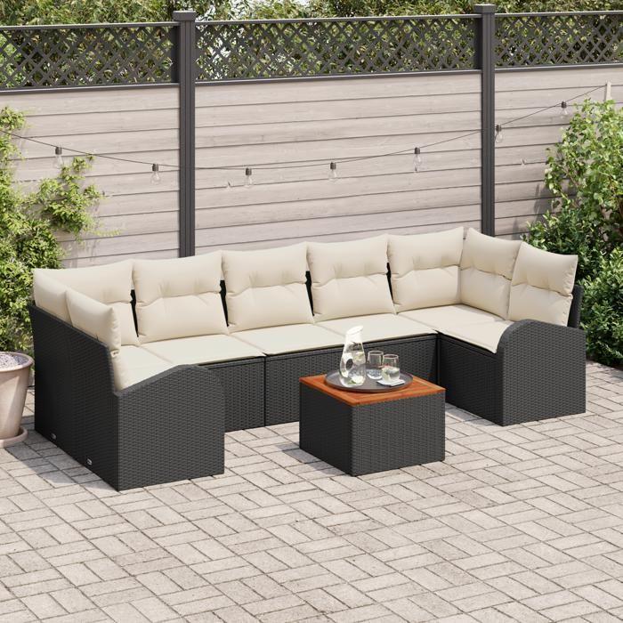 VidaXL Ensemble de canapé de jardin 8 pièces avec coussins Noir Poly Rattan Acacia 3347544