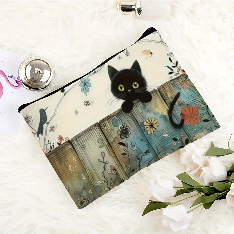 Adorable Black Cat Floral Paw Storage Pouch, 2-in-1 Makeup Bag & Pencil Case for Women & Students, Washable Zippered Organizer