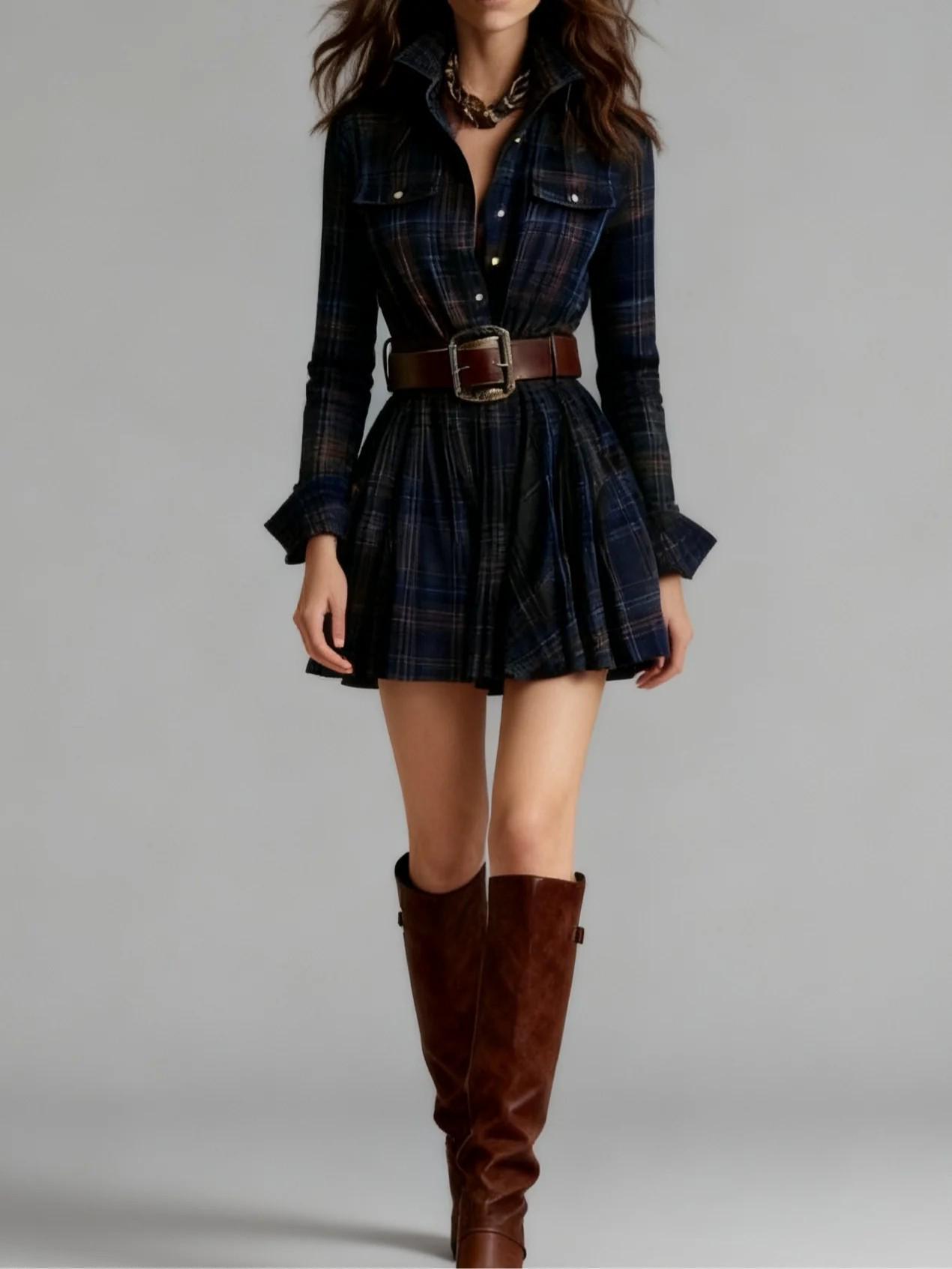 2025 Retro Plaid Shirt Dress with Pockets: Women s Long Sleeve Elegant Style XXL темно-синий