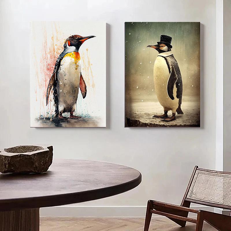 Cute Funny Retro Animal Penguin Couple Animal Art Poster Canvas Painting Wall Prints Picture for Living Room Home Decor