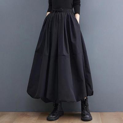 Damen Maxirock mit Taschen, Puffrock, lässig, elastische Taille, Schnürung, hohe Taille, plissierter A-Linien-Rock
