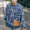 Cartoon Cat Knitted Sweater Japanese Retro Harajuku Pullover Men Tops Oversized Knitwear for Winter Autumn