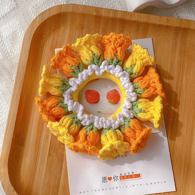 Women'S Spring And Summer Pure Handmade Crochet Flower Ponytail Headband, Meatball, Scalp Tendon Hair Rope