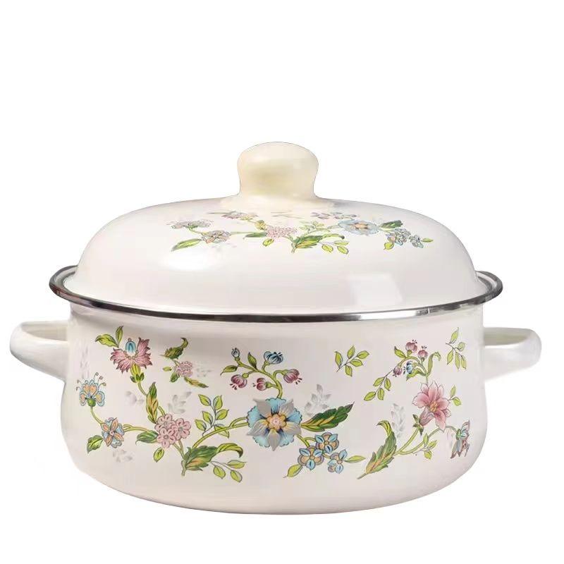 Porcelain Enameled Soup Pot with Lid, Thicken Double Ears Stew Pot, Instant Noodle Bowl, Induction Cooker Heating Pot for Home