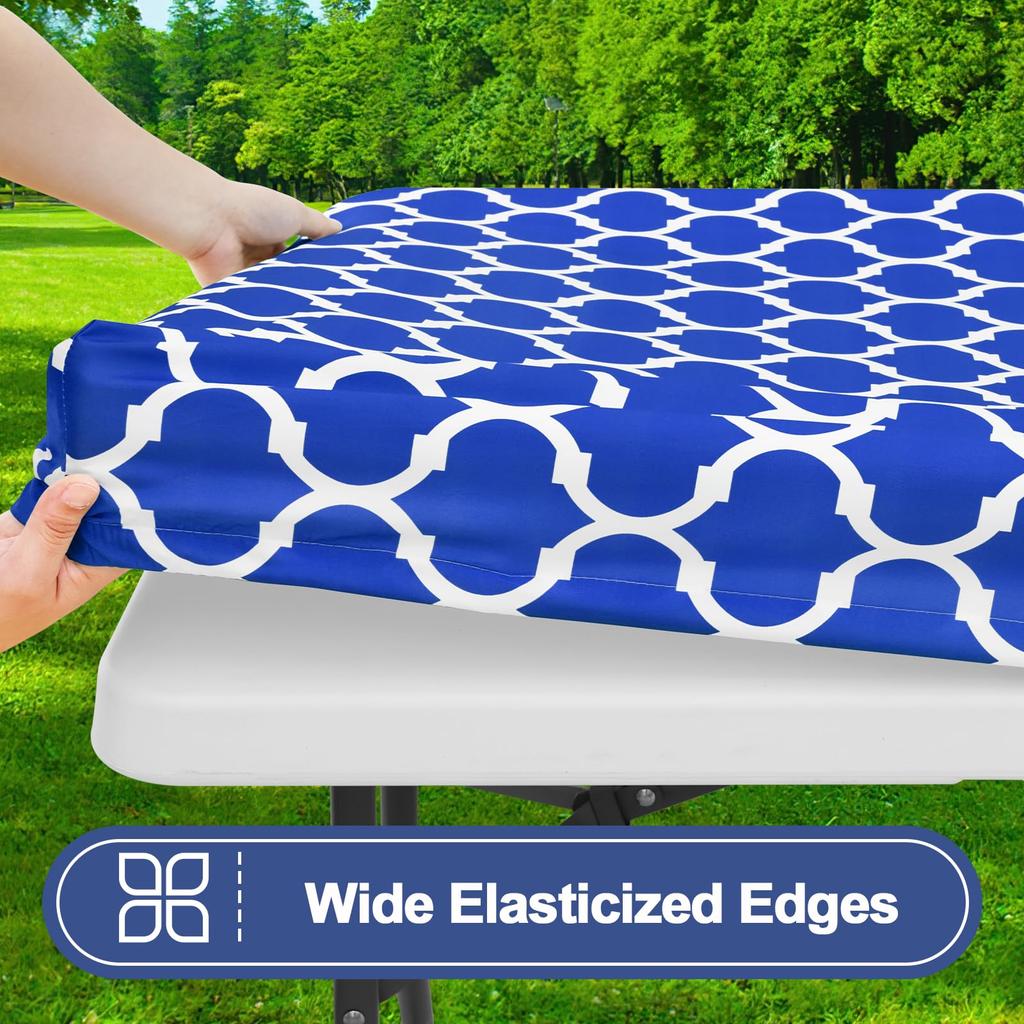 Waterproof Table Cover Rectangle | Elastic Fitted Tablecloths 6 Foot | Outdoor Table Cloth Polyester