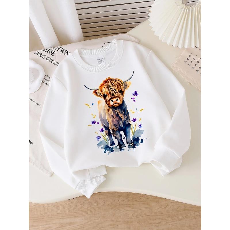 European sizes Kids' round-neck hoodie - Cute Highland Cow with Flowers , Sportswear And Casual Wear, Soft And Comfortable