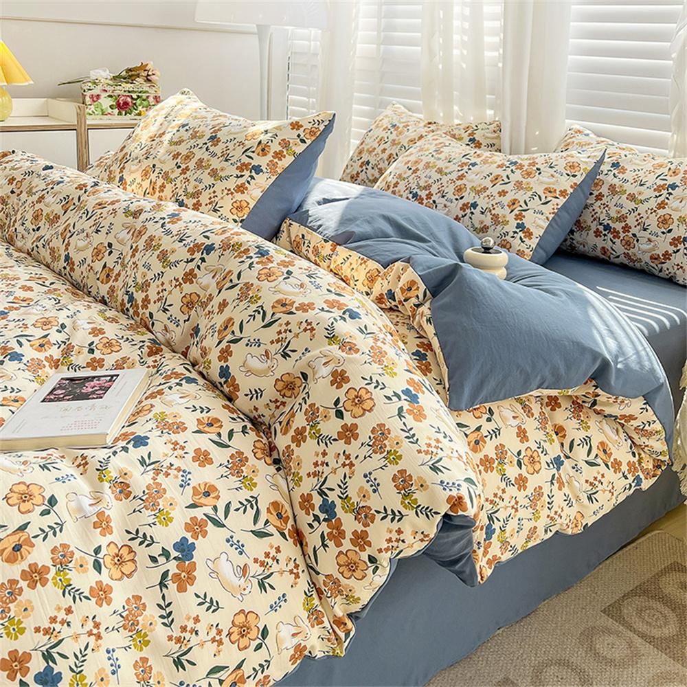 Four-piece Bedding Set Simple Duvet Cover Plant Flower Bed Sheet Adults and Kids Washed Cotton Pillowcase Home Textiles