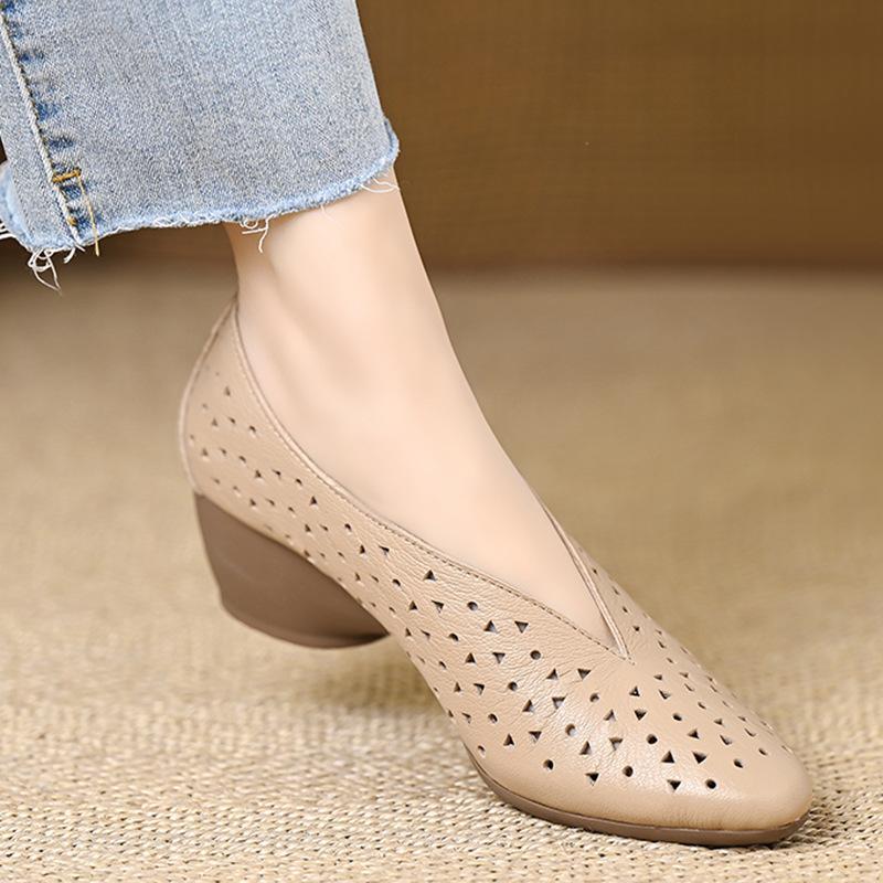 Chaussures Ouvertes Douces pour Femmes Talon Moyen Printemps et Été Bout Pointu Une Sangle au Cou-de-Pied Talon Compensé Sandales Mode