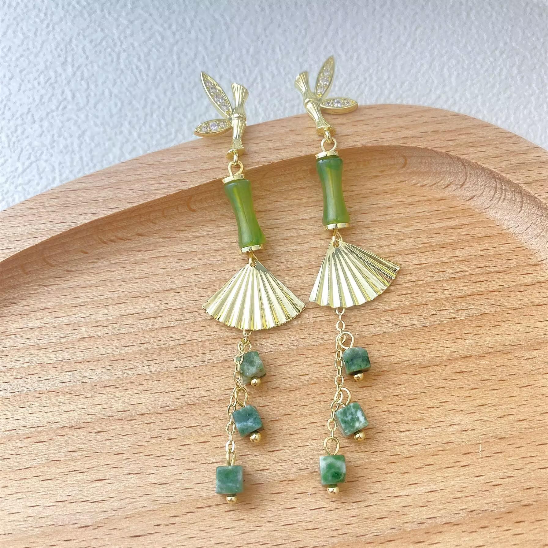 Elegant Bamboo Joint Jade Tassel Earrings - Retro Chinese Style