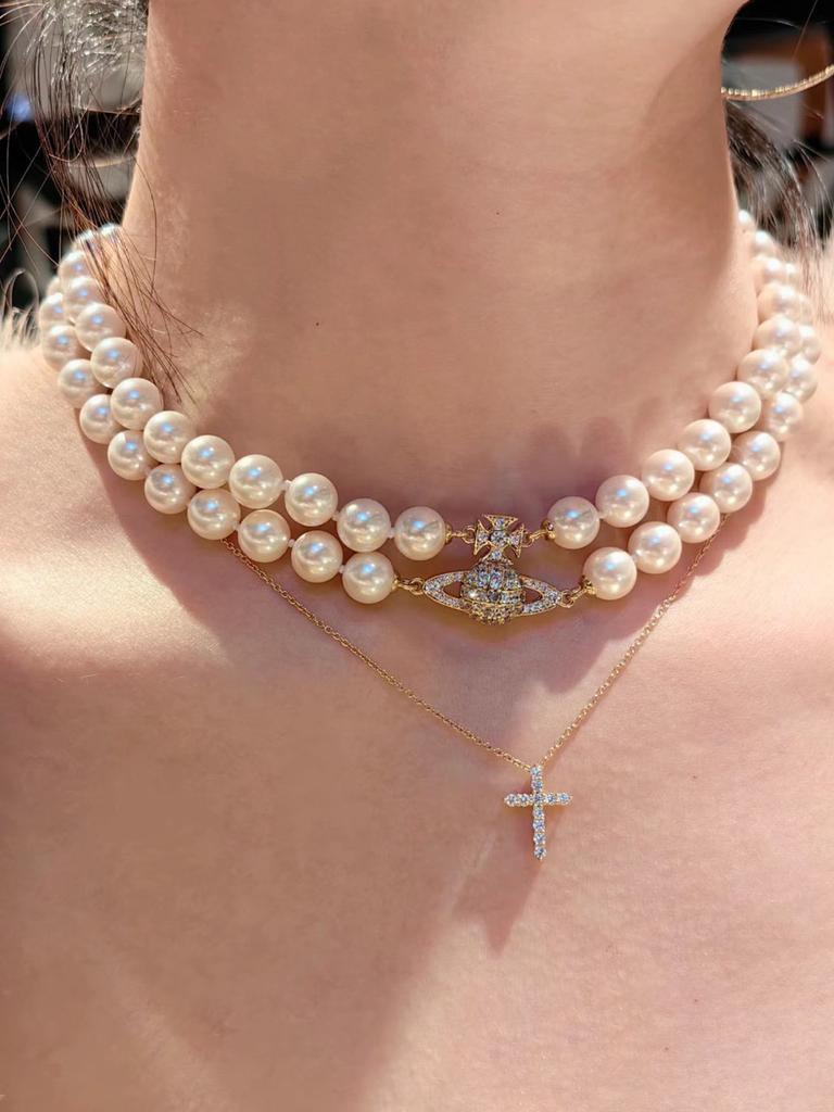 Saturn Pearl Necklace With Cz Microinlay Ushaped Pendant For Elegant Women