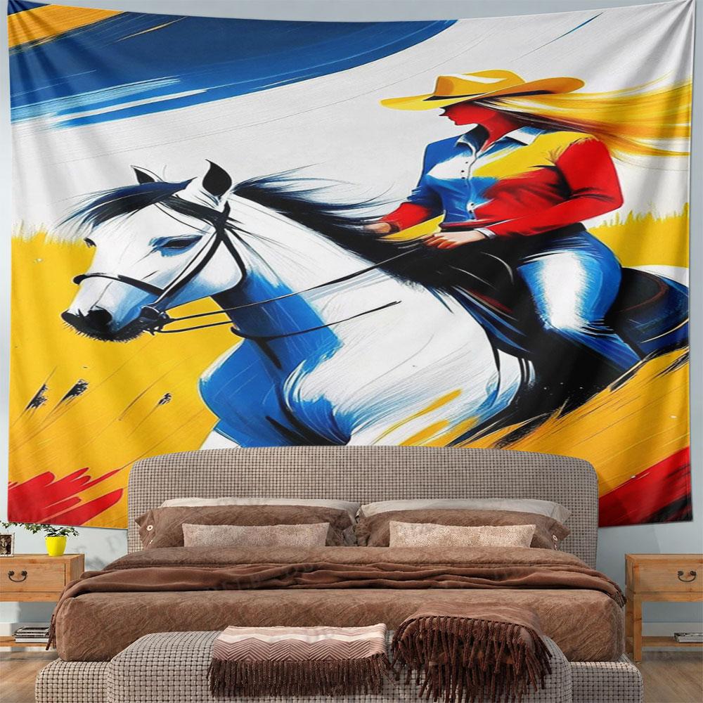 "Colorful Cowgirl Riding White Horse" Pattern Wall Hanging Tapestry Decorative Tapestry Home Decor for Bedroom and Living Room