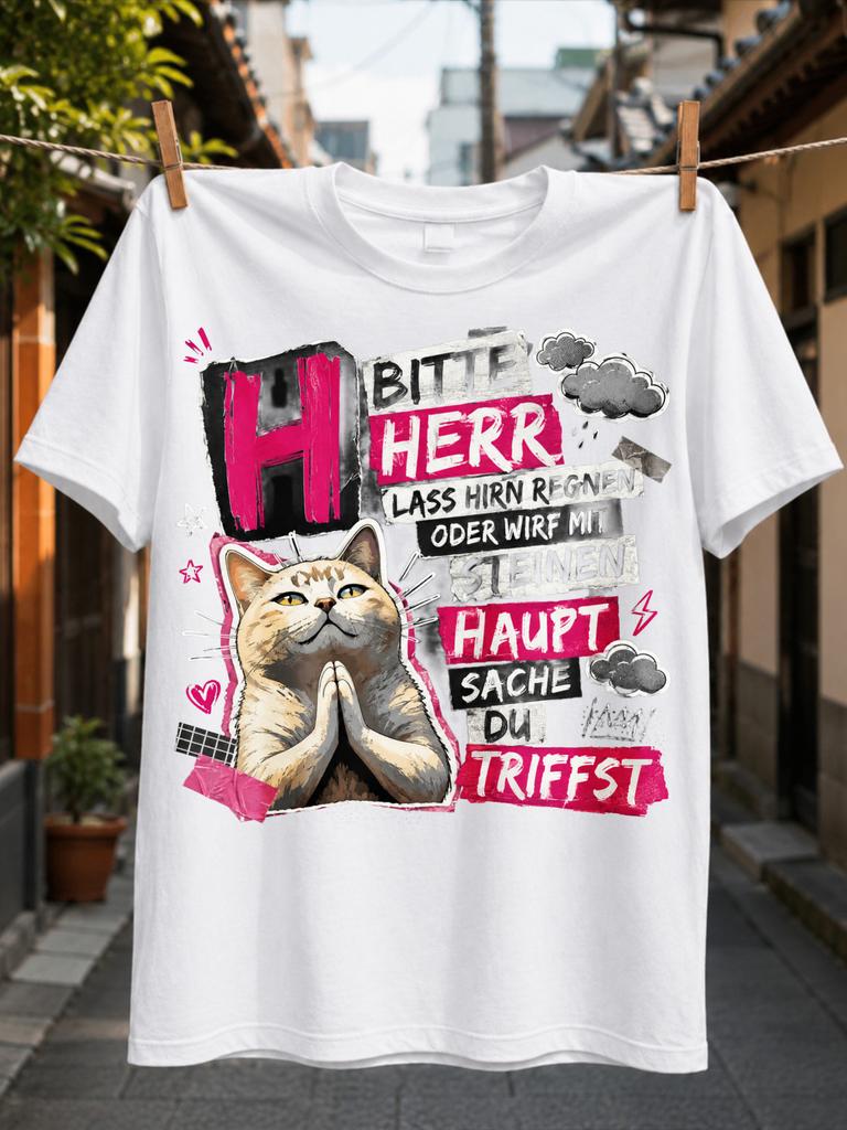 Please Let It Rain Brains Or Throw Stones Praying Tabby Cat Storm Clouds And Layered Pink Collage Unisex All Tshirt