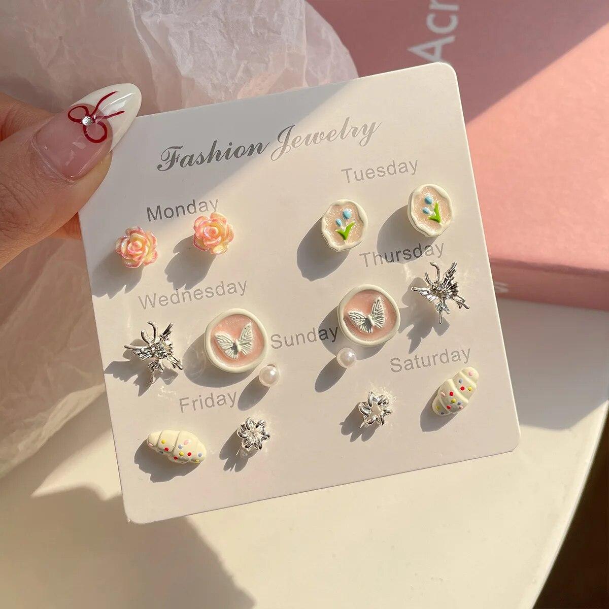 

7 пар/лот, комплект серег-гвоздиков с цветком и бабочкой для женщин, весенние серьги на одну неделю, милые ювелирные изделия для девочек, аксессуары, подарки друзьям