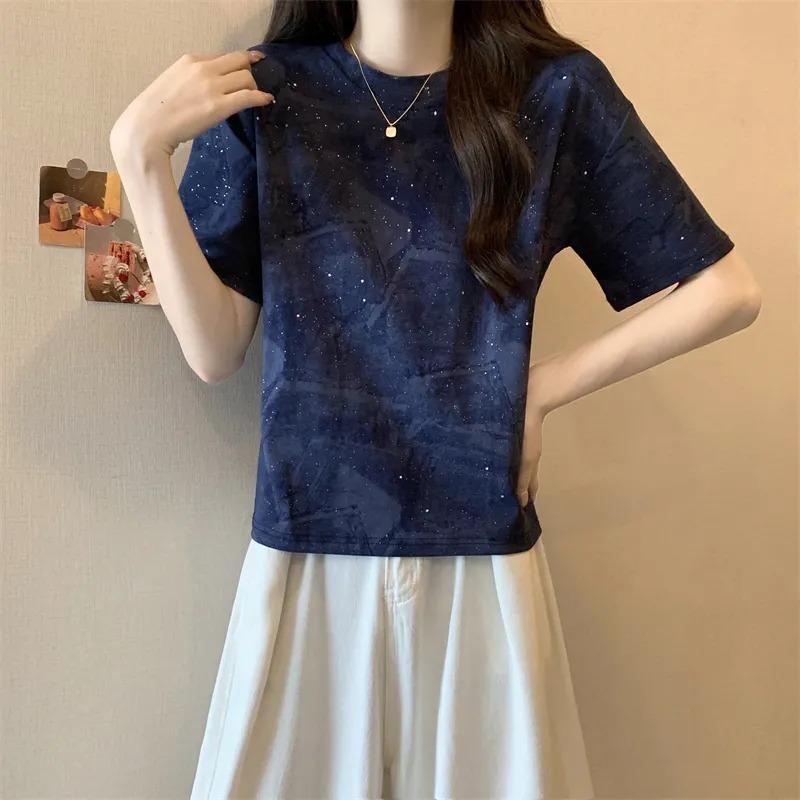 Women's Starry Sky Print Short-Sleeve Top - Loose Casual T-Shirt