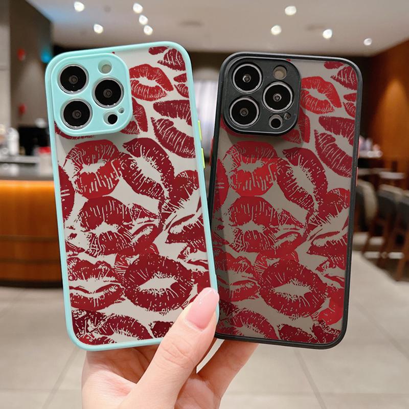 

Роскошный матовый прозрачный чехол для телефона с рисунком губ для iPhone 16 Pro Max 15 Pro 14 13 12 11 Soft Edge Slim Противоударный защитный чехол для объектива телефона iPhone 16 чёрный