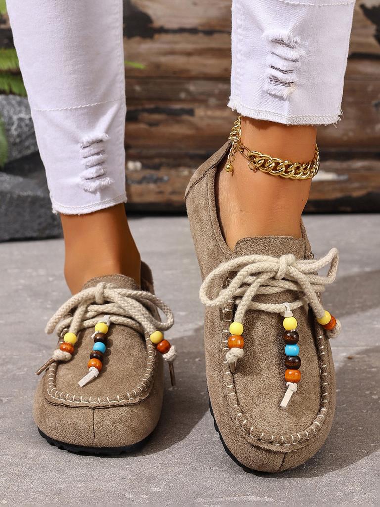 Fashion Wholesale Women's Flat Shoes Round Toe Lace-up String Bead Shoes Women Leisure Retro Style One Kick Spring Autumn Single Shoes