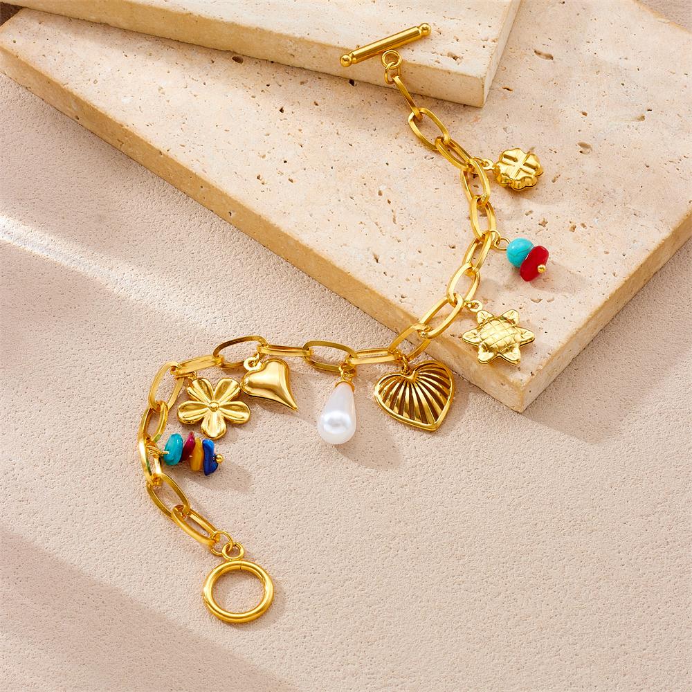 Stainless Steel Hollow out Love Simulation Pearl Turquoise Bracelet For Women Wrist Chain Jewelry Party Gift