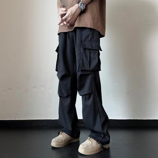 Men Cargo Pants Mid-rise Drawstring Multi Pockets Design Leisure Trousers Solid Color Wide Leg Outdoor Camping Pants Plus Size
