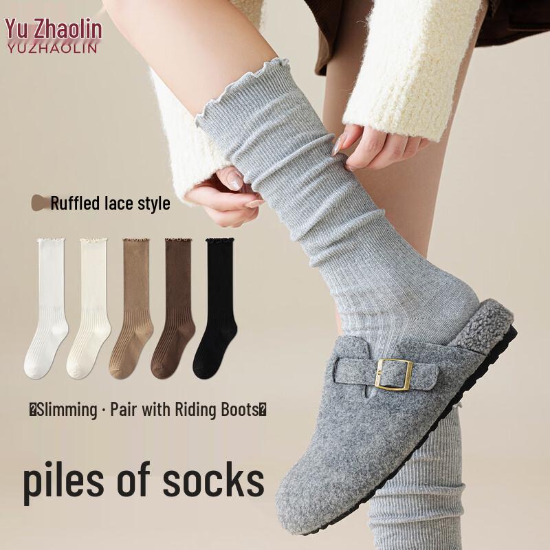 Yuzhaolin Women s Autumn/Winter Lace Piled Mid-Calf Socks One Size