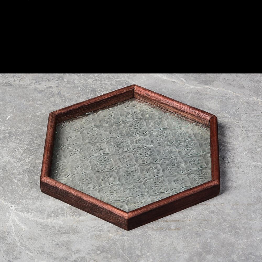 Simple Begonia Embossed Glass Tray Wooden Storage Display Plates Multi-Function Tea Tray  Desk