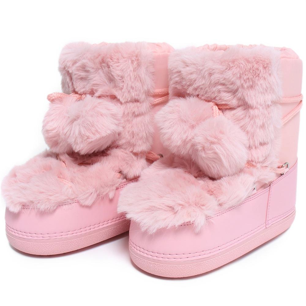 Winterstiefel für Damen Schneestiefel Marke Flauschiges Fell Schnürung Schwarz Rosa Plateau Rutschfest Wasserdicht Skistiefel