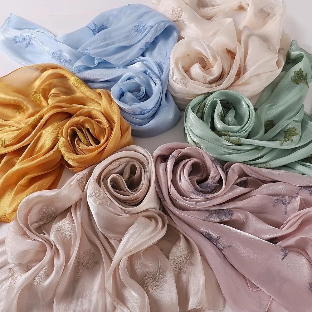 Glitter Floral Embroidery Hijab 70*175CM Crinkle Plain Scarves Fashion Islamic Head Wrap  For Women