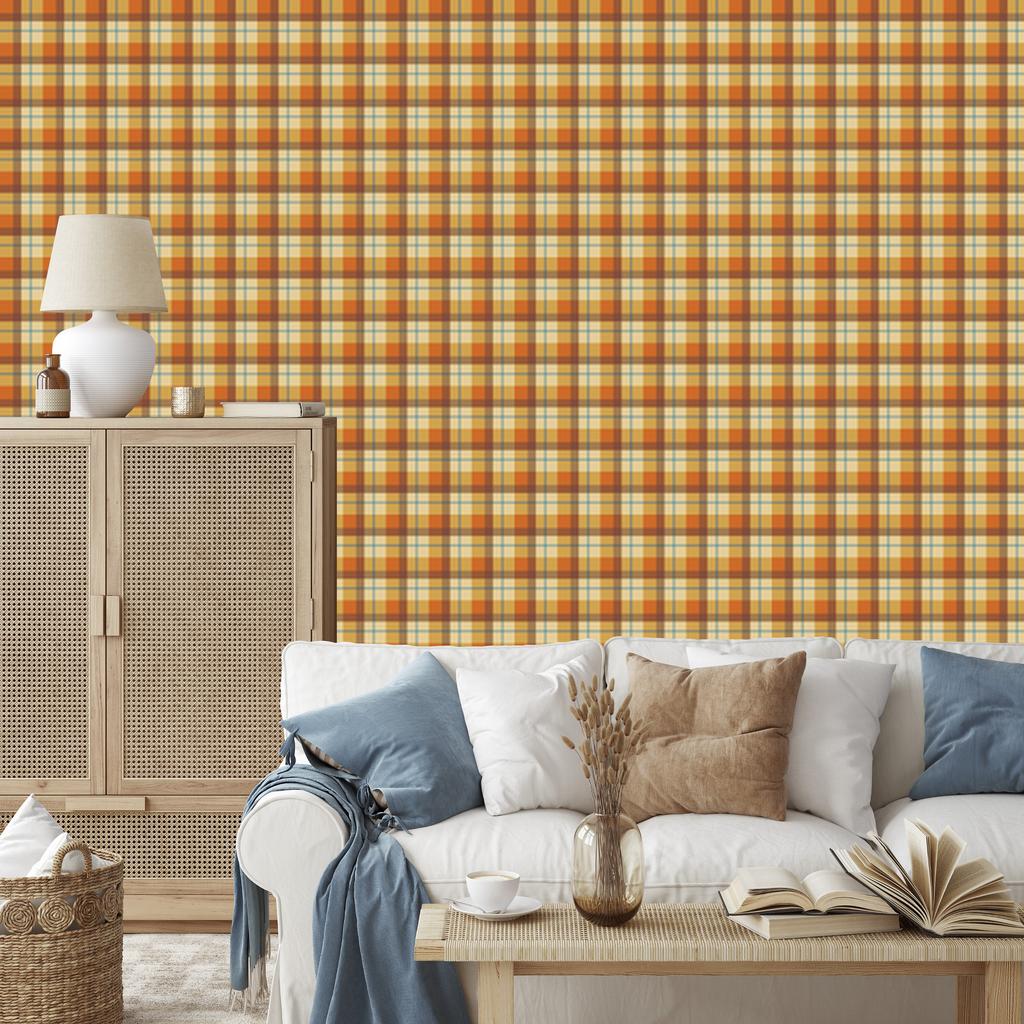 Autumn Gold and Orange Plaid Wallpaper for Living Room and Bedroom 50x1000