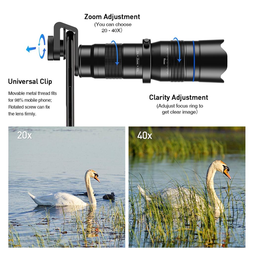 Metal HD 20 40X Zoom Single Tube Telescope External Dual Adjustment Monocular Phone Telephoto Lens with Tripod