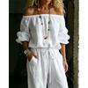 Womens Off Shoulder Long Sleeve Top Drawstring Waist Tapered Pants Two Piece Casual Outfit