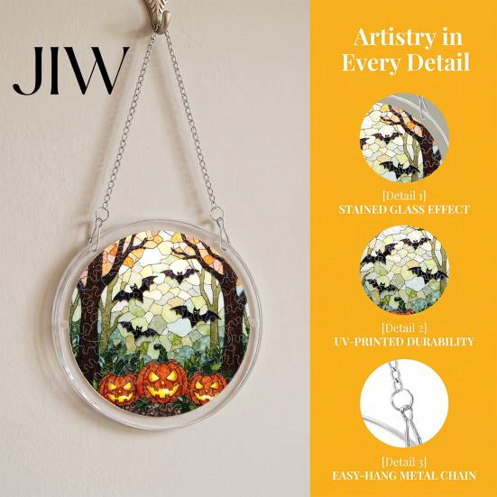 Halloween Party Hanging Props Acrylic Puzzle Window Suncatcher, Stained Glass Style Ornament Classroom Festive Wall Sign with Metal Chain, Decorative