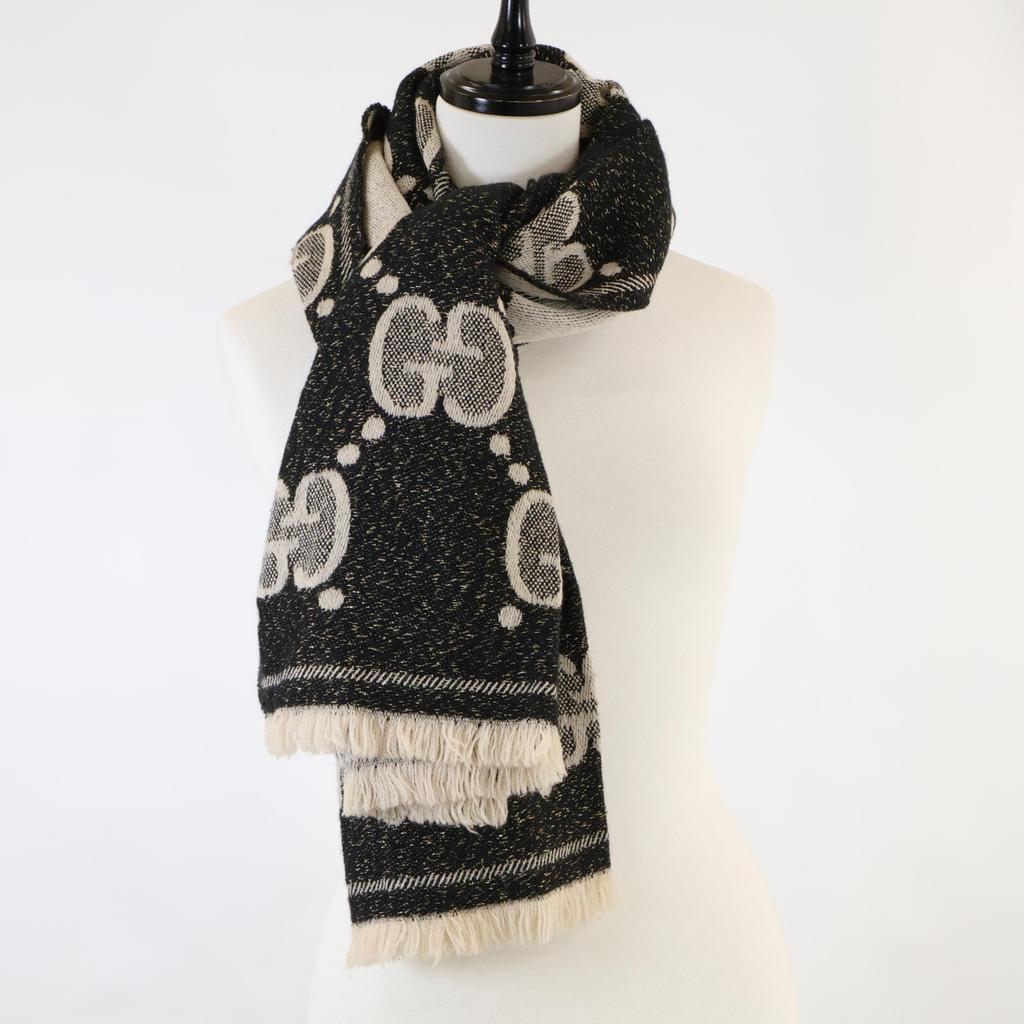 GUCCI 598993 GG glitter jacquard Scarf Black/Ivory/GoldUsed
