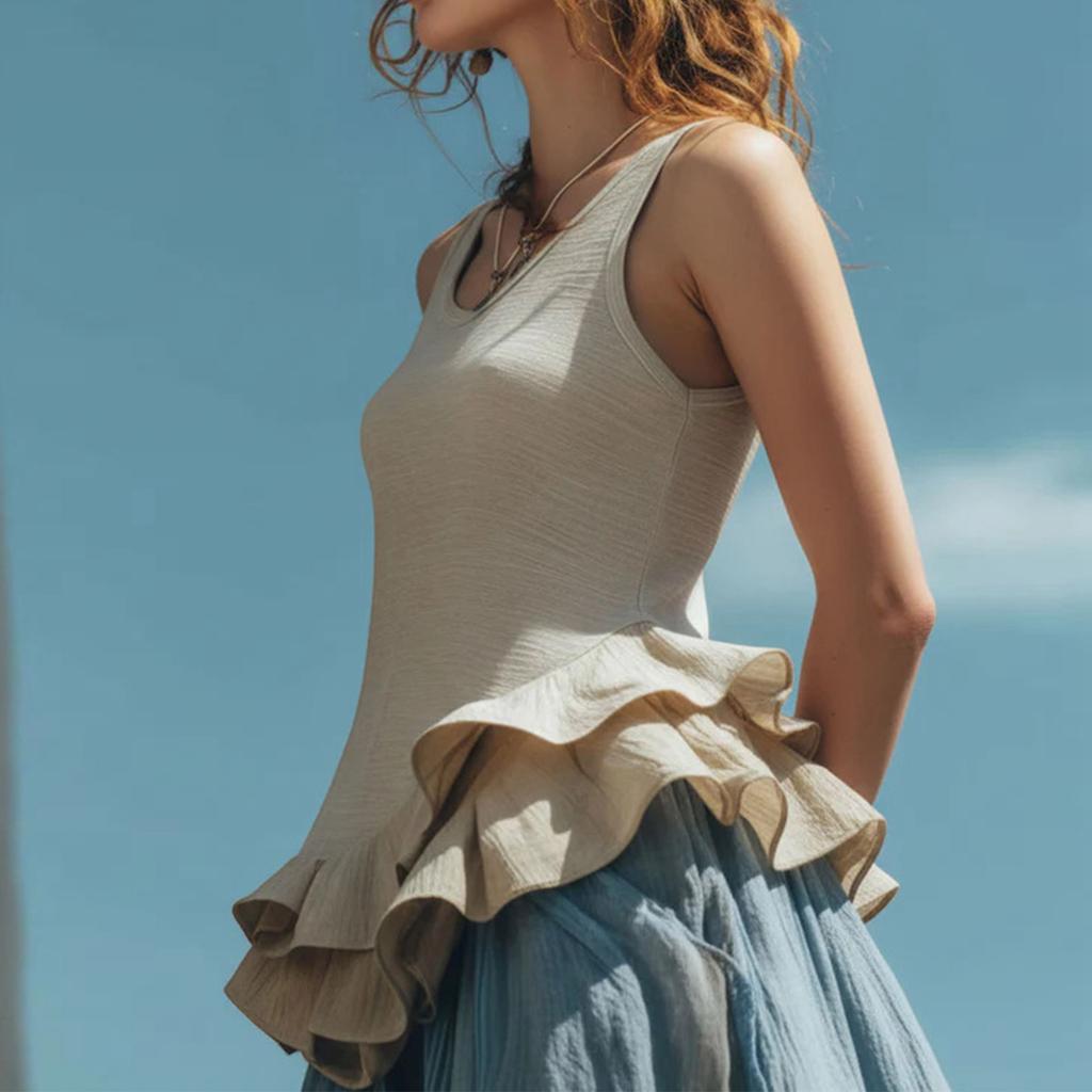 Women Sleeveless Casual Peplum Hem Top Round Neck Relaxed Fit Ruffle Bottom Blouse Lightweight Tank Shirt for Daily Wear