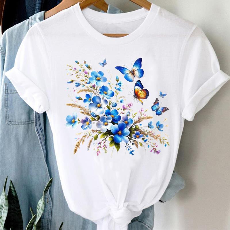 (Asian Size) Love Heart Flower Clothing Lady O-neck Short Sleeve T-shirts Printed Female Top Casual T Shirt Fashion Women Graphic Tee