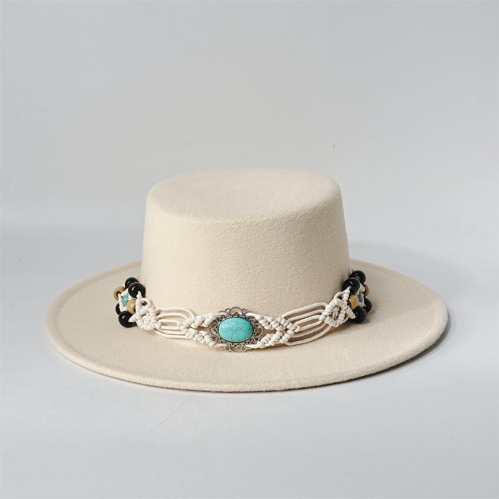 TurquoiseFedora Hat Women Men Autumn Winter Classic Felt Wide Brim Flat Top Jazz Panama Hat Casual Party Church Hat