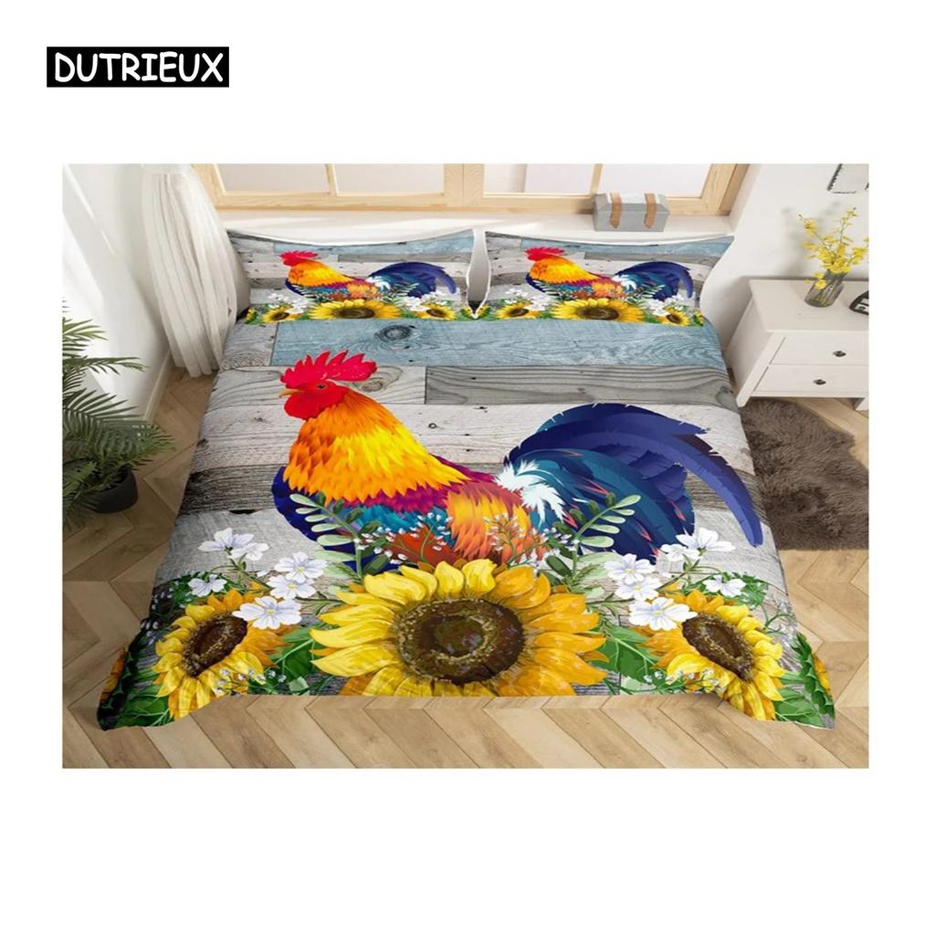Duvet Cover Pastoral Scenery Animal Chicken Twin Country Sunflower Rooster Comforter Cover Microfiber Rustic Barn Bedding Set