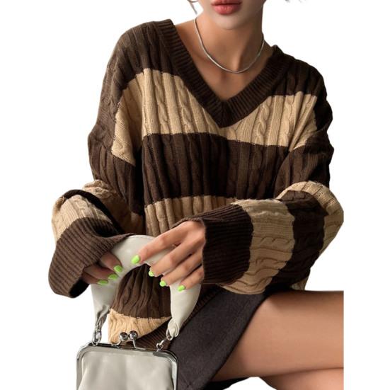 Dámský pletený svetr s výstřihem do V, dlouhým rukávem, zkrácený pulovr, svetr, patchworková barva, copánkový vzor