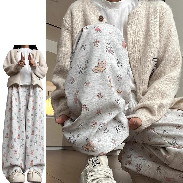 Women's Korean Style Cartoon Puppy Print Straight-Leg Pants - Cute, Versatile Casual Wear for Spring & Autumn 2025