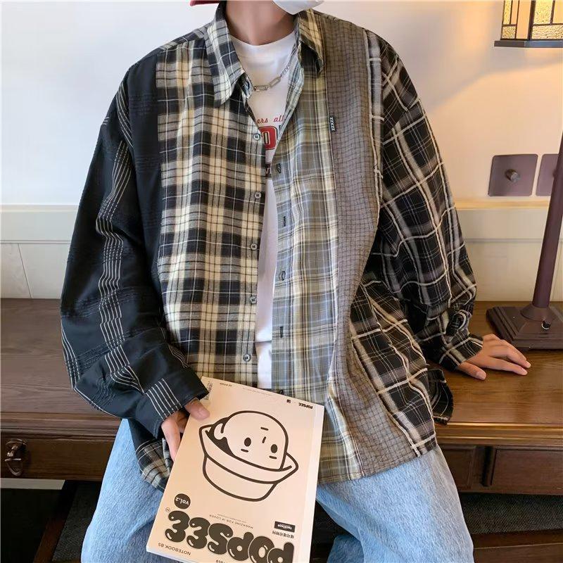 

Мужская клетчатая рубашка с длинным рукавом в сращивание - повседневная куртка в стиле осеннего Гонконга XL