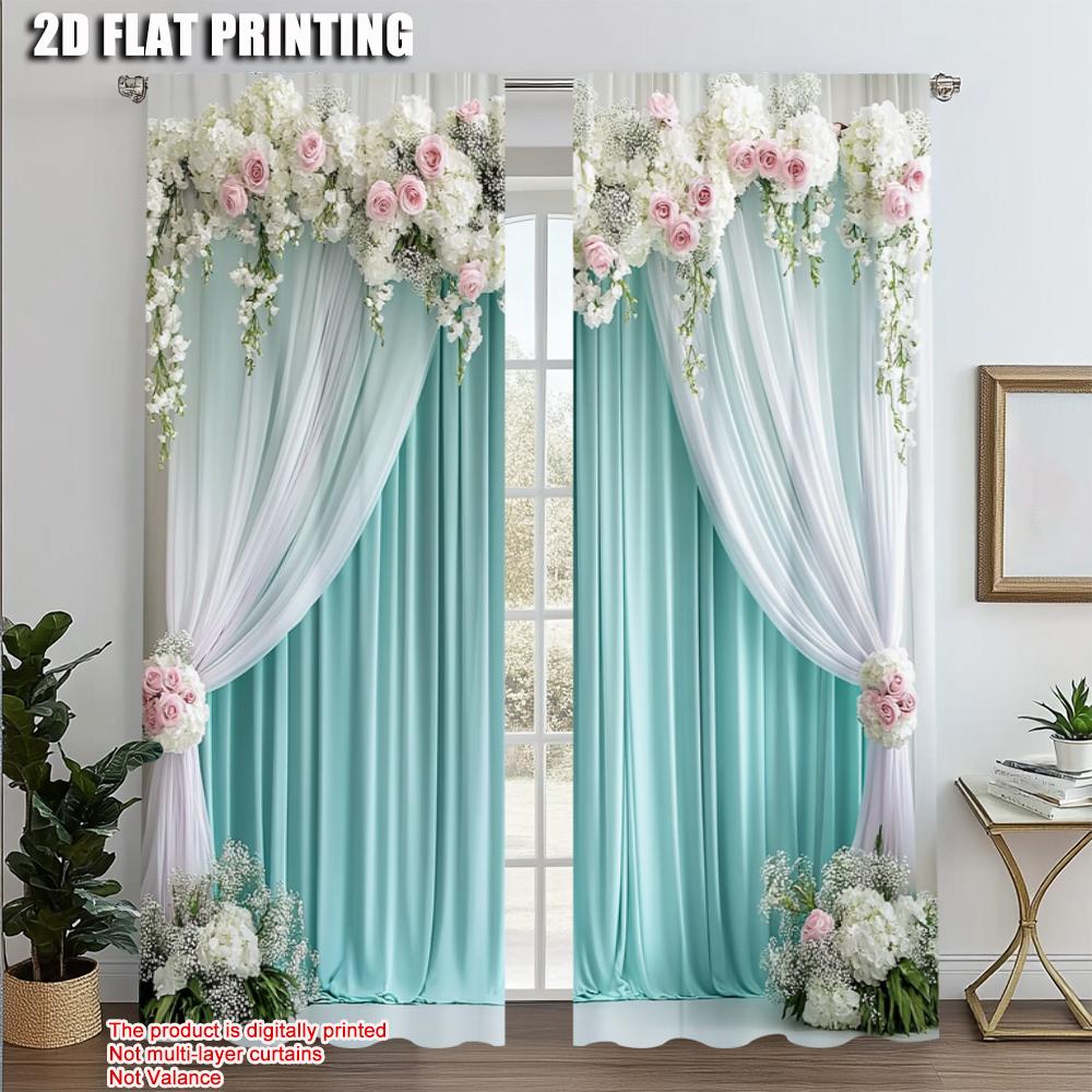 

Set Of 2 Elegant Curtains Print Green White Curtain Fabric Without Rod Thermal Insulation Room Light Filtering Made Polyester W100*H70(CM)-Hooks&1PCS