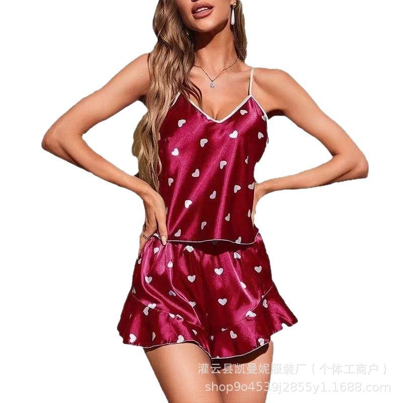 Europäische und amerikanische Hosenträger-Pyjama-Shorts Zweiteiler Damen bedruckte Pyjamas Europäischer und amerikanischer Stil atmungsaktive Loungewear-Abdeckung