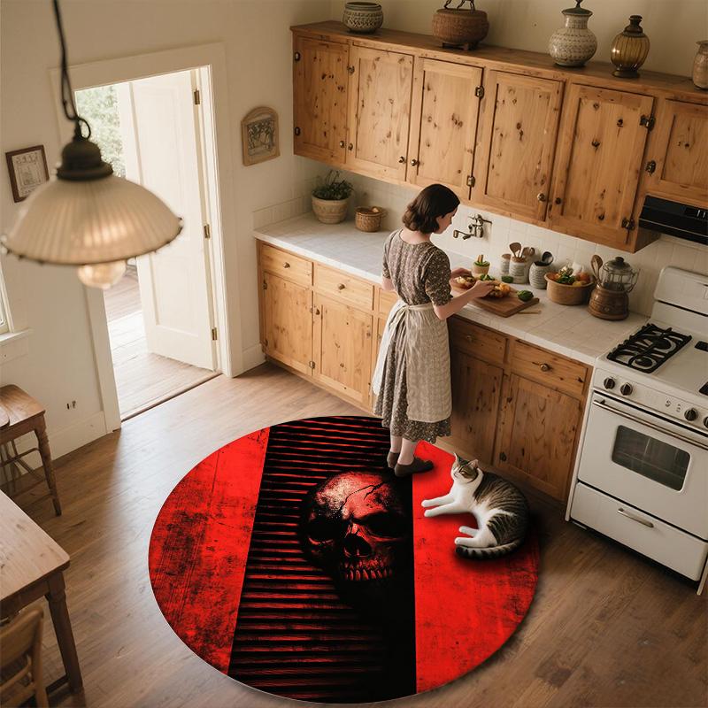 Red and Black Skull,Round Area Rug,Carpet Rug for Living Room Bedroom Sofa Playroom Decor,Non-slip Floor Mat