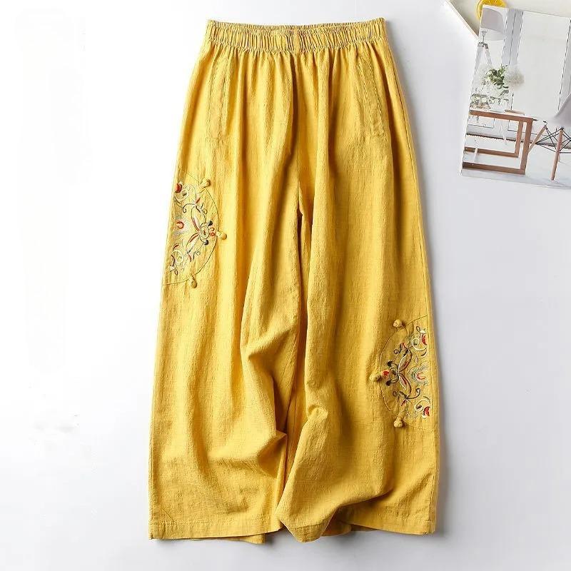 Women Casual Straight Pants Blended Female Trousers Flower Embroidery Loose Wide Leg Pants for Women Pantalon Femme