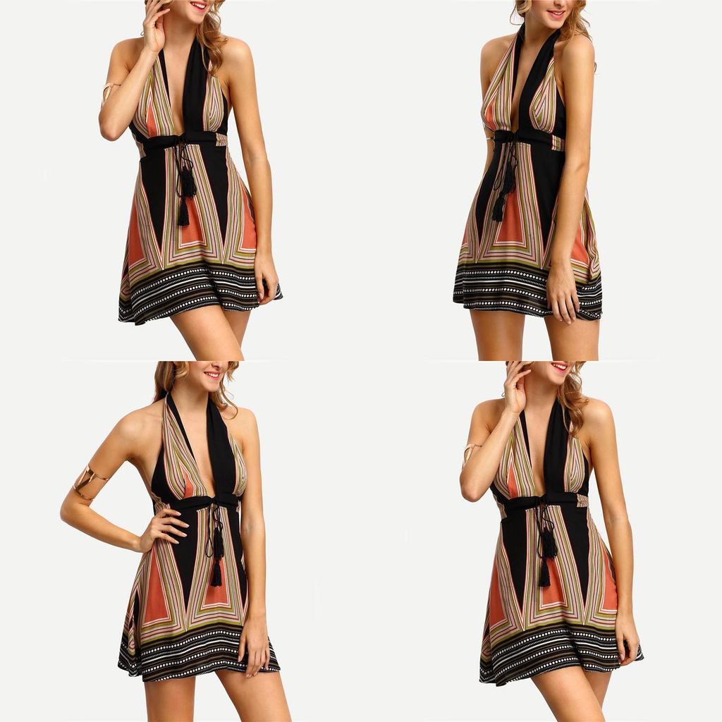 Sexy Deep Vneck Hanging Neck Short Skirt Womens Backless Beach Dress With Cotton Blend Fabric