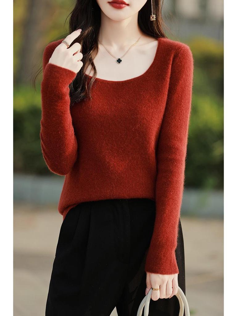 Slim Fit U-Neck Cashmere Sweater: Women's Elegant Spring/Autumn Knitwear Pullover