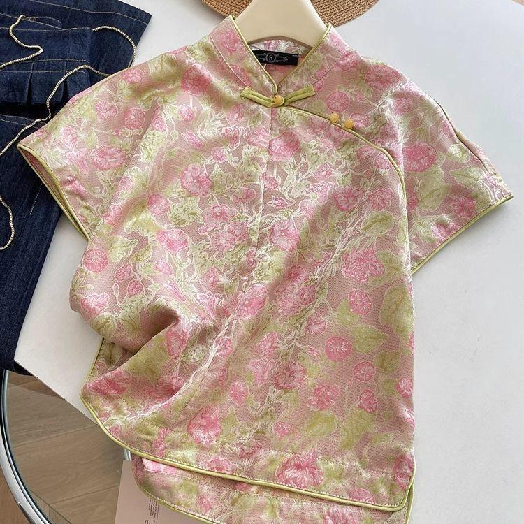 

Темпераментный модный топ универсальный 2025 летняя рубашка пуговица-диск короткий рукав топ высококлассный облегающий шик M (under 50kg recommended)