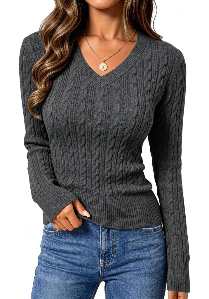 2026 Spring/Autumn Women's V-Neck Cable Knit Sweater - Loose European & American Street Style, Solid Color, Spicy Girl Knitwear