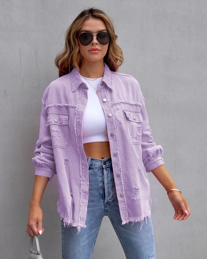 New Long-edged Ripped Denim Jacket Women's Autumn and Winter Long-sleeved Casual Lapel Top